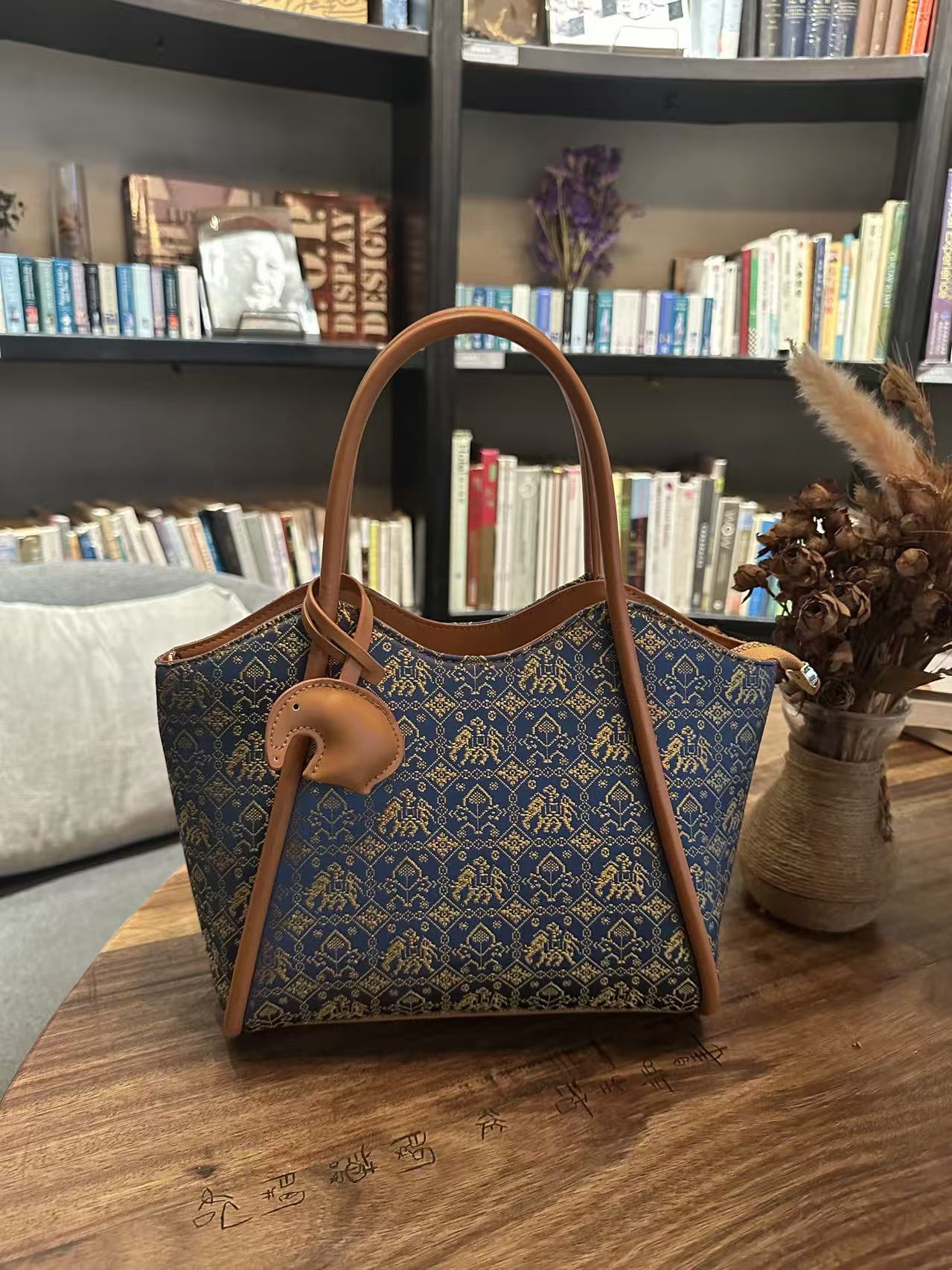 Handwoven Zhuang Brocade Tote Bag | Blue Elephant Heritage Pattern