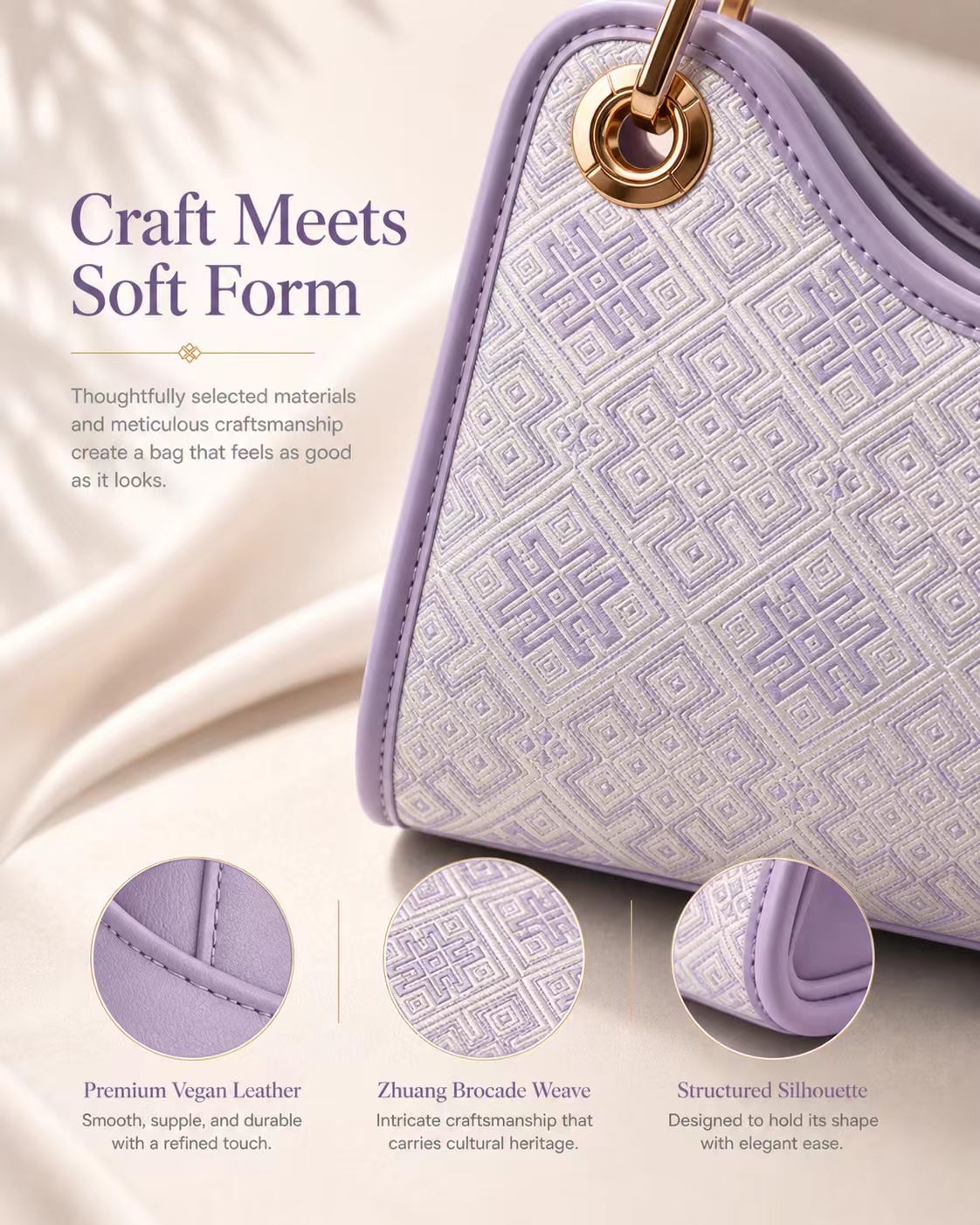 Zhuang Brocade Inspired Handbag, Purple Geometric Tote