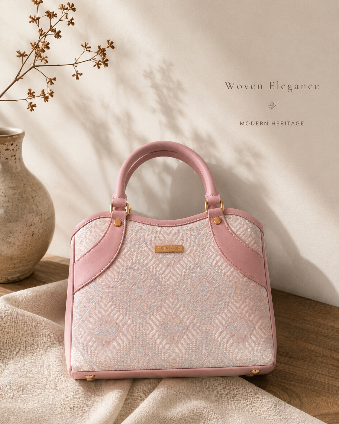 Zhuang Brocade Pattern Pink Handbag | Soft Heritage Top-Handle Tote