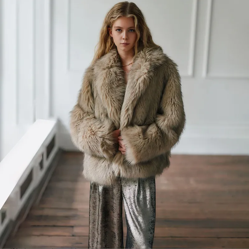 Textured Plush Jacket with Oversized Collar