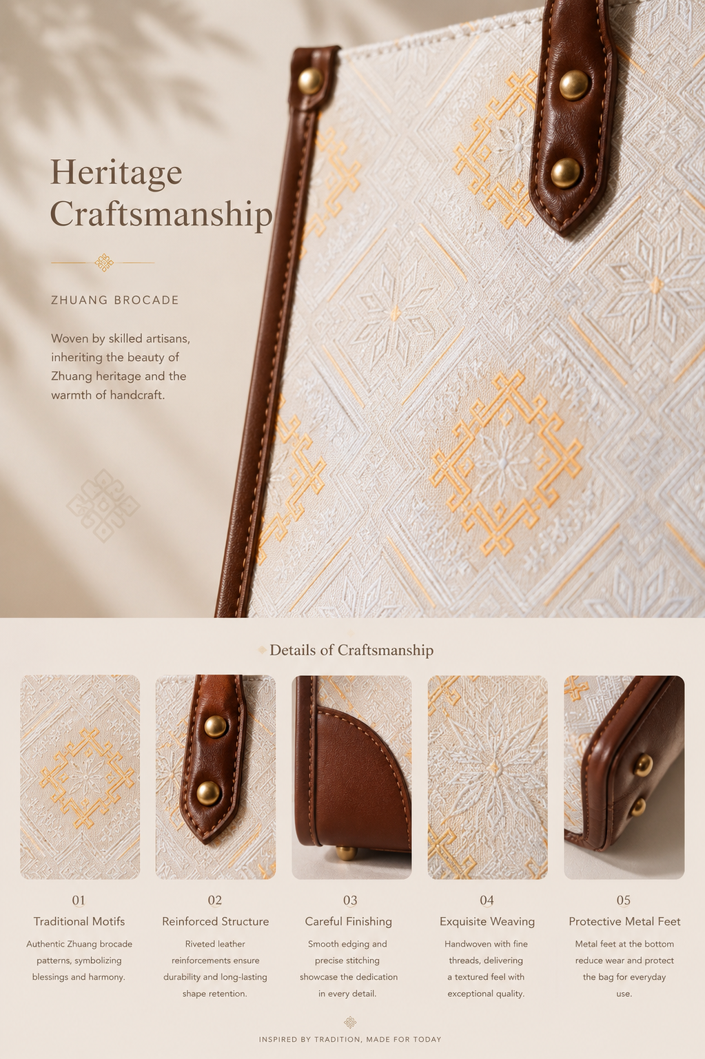Zhuang Brocade Heritage Tote Bag | Handwoven Leather-Trimmed Bag