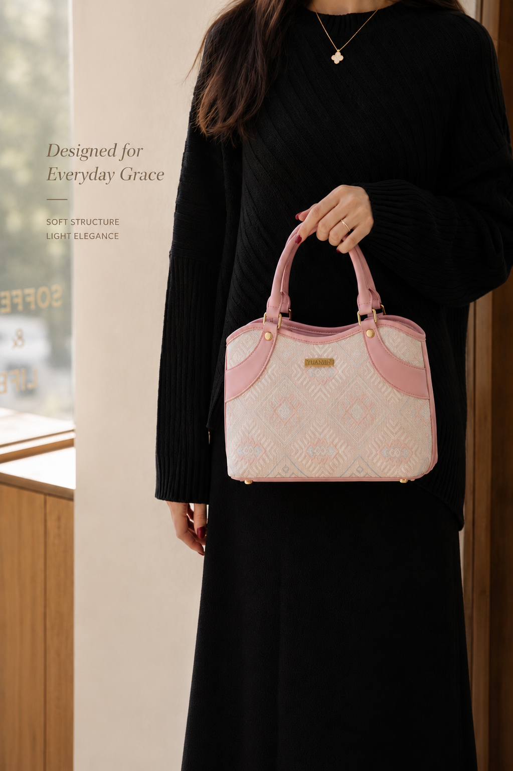 Zhuang Brocade Pattern Pink Handbag | Soft Heritage Top-Handle Tote
