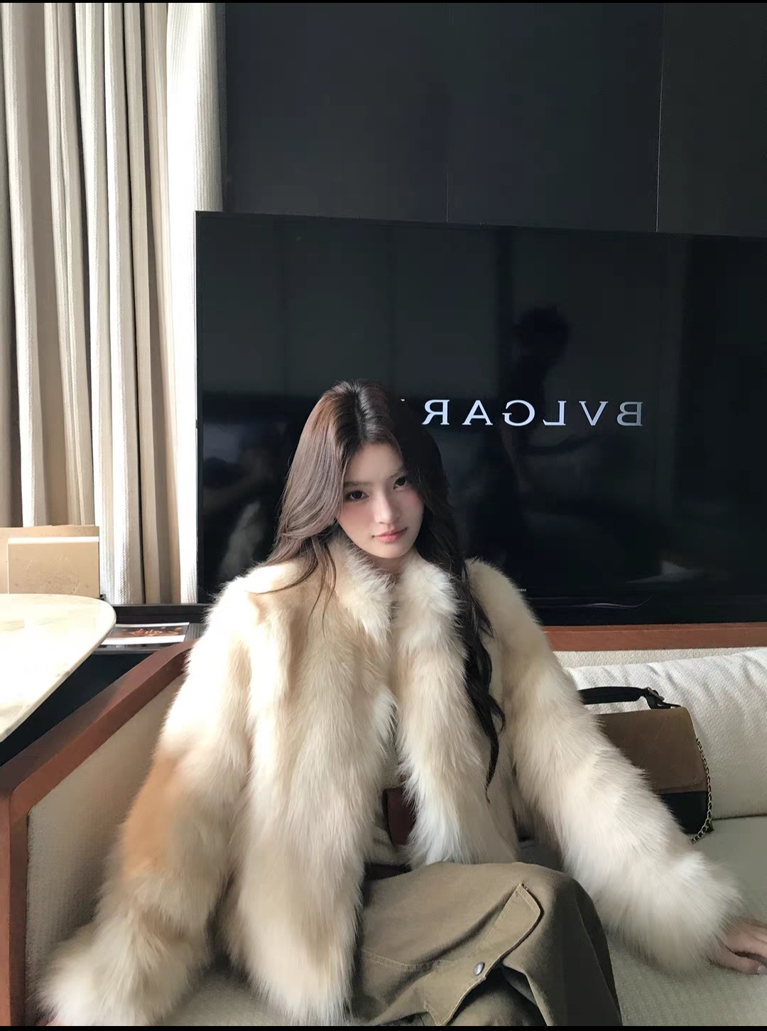 Long Plush Coat with Oversized Collar