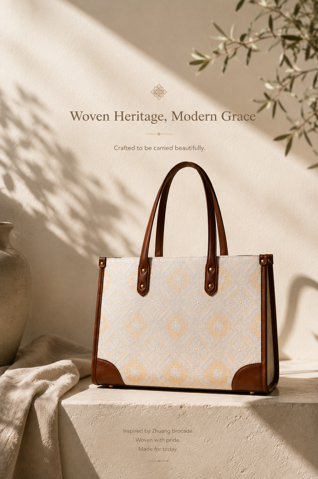 Zhuang Brocade Heritage Tote Bag | Handwoven Leather-Trimmed Bag