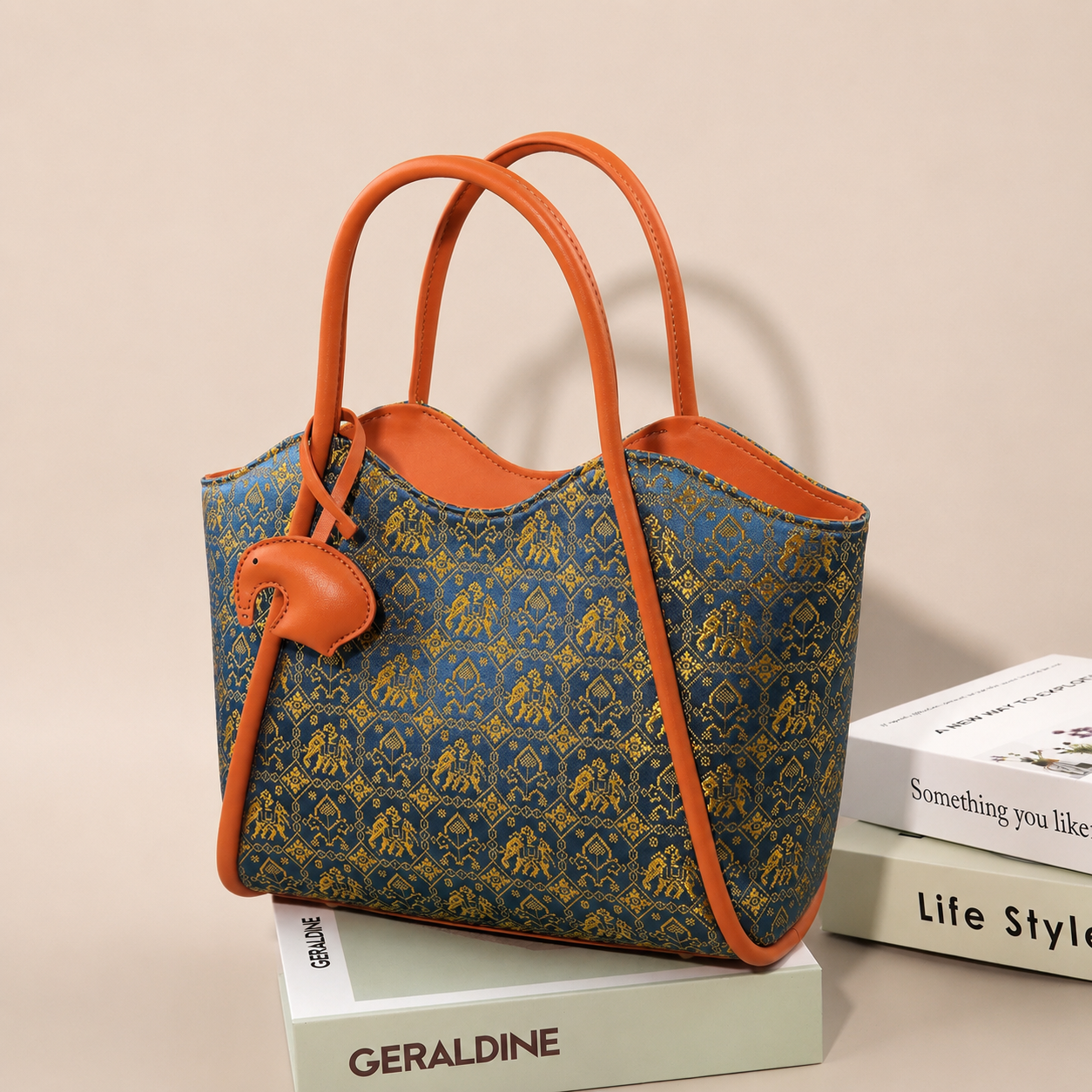 Handwoven Zhuang Brocade Tote Bag | Blue Elephant Heritage Pattern