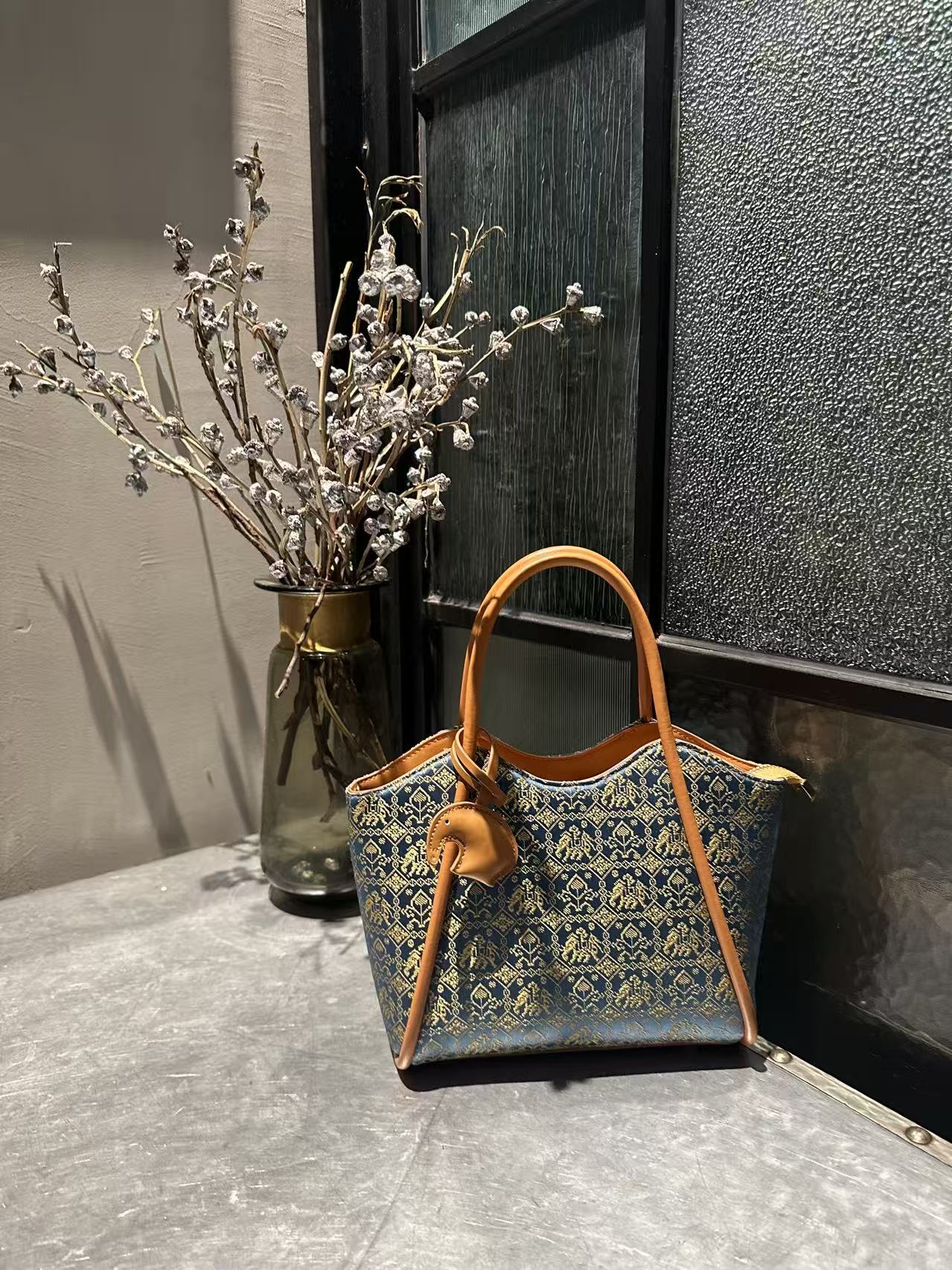 Handwoven Zhuang Brocade Tote Bag | Blue Elephant Heritage Pattern