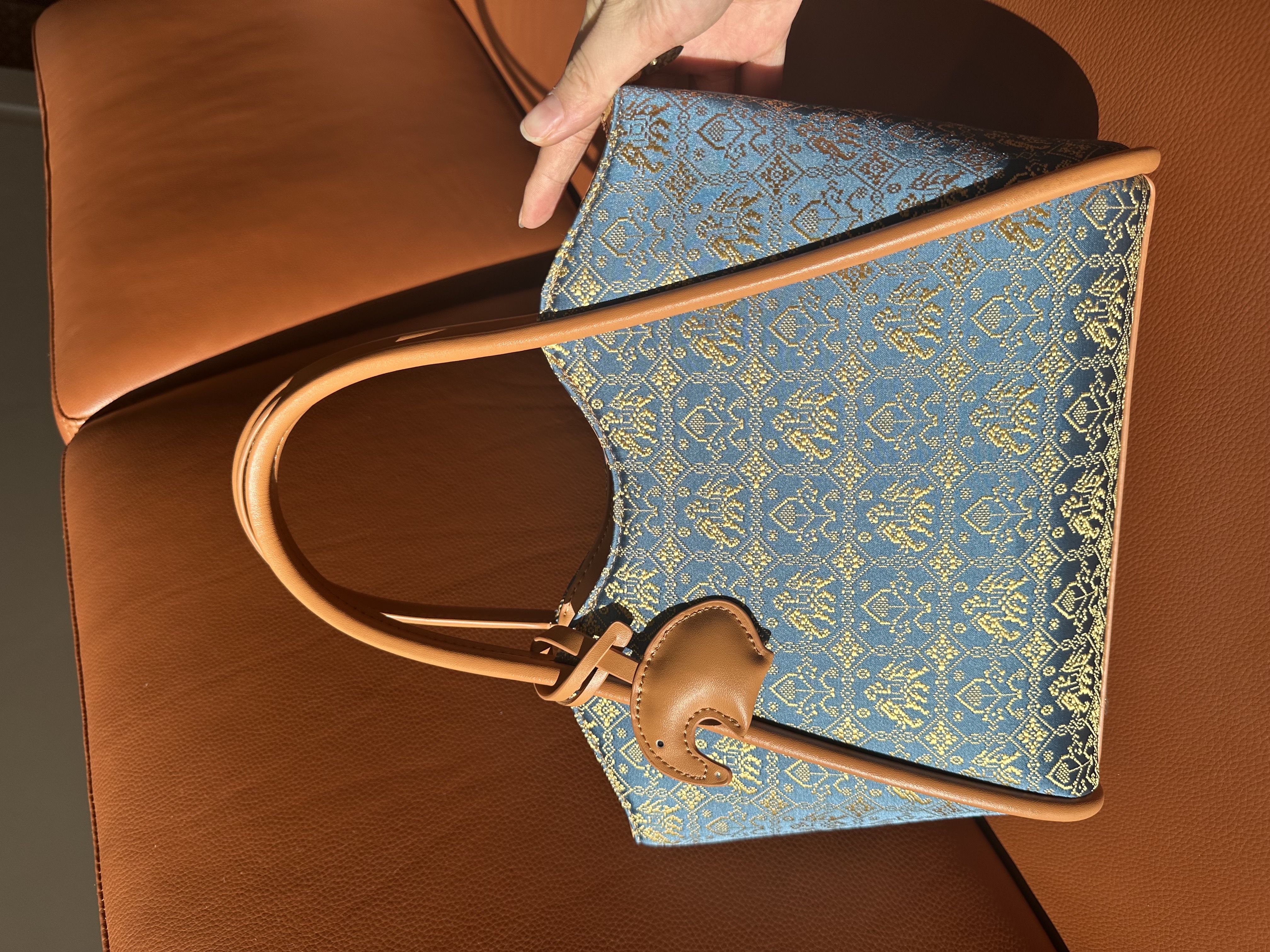 Handwoven Zhuang Brocade Tote Bag | Blue Elephant Heritage Pattern