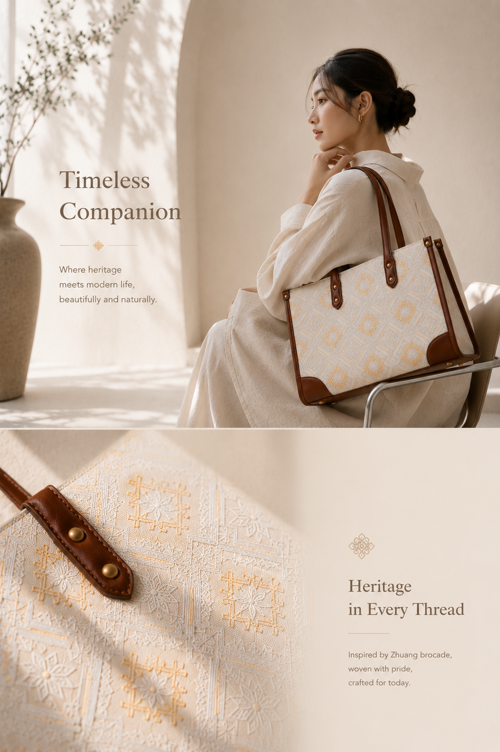 Zhuang Brocade Heritage Tote Bag | Handwoven Leather-Trimmed Bag