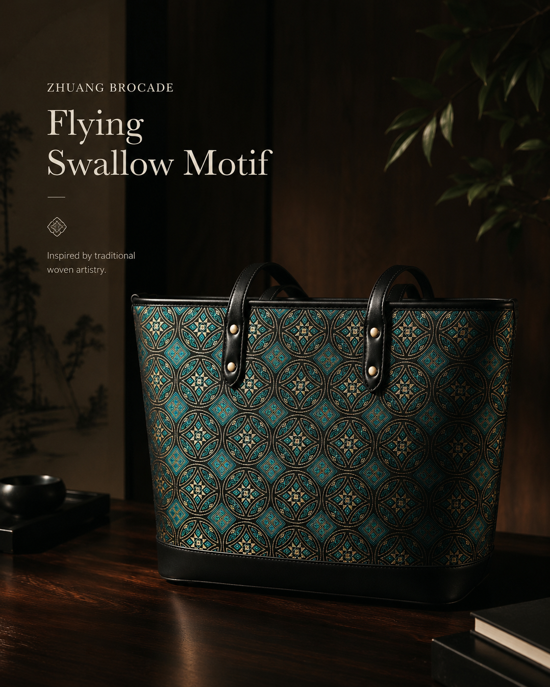 Handwoven Zhuang Brocade Flying Swallow Pattern Tote Bag, Traditional Ethnic Shoulder Handbag