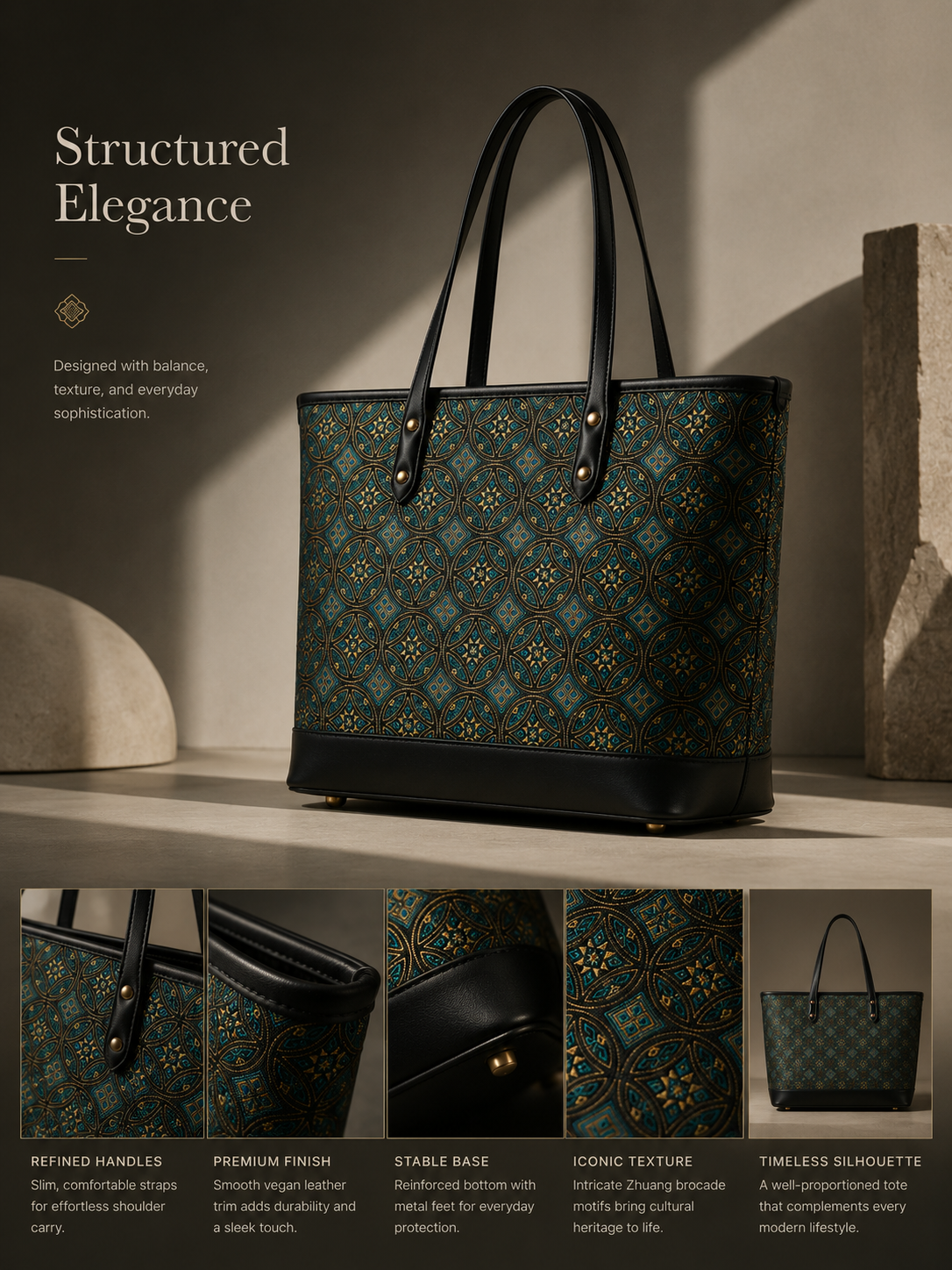 Handwoven Zhuang Brocade Flying Swallow Pattern Tote Bag, Traditional Ethnic Shoulder Handbag