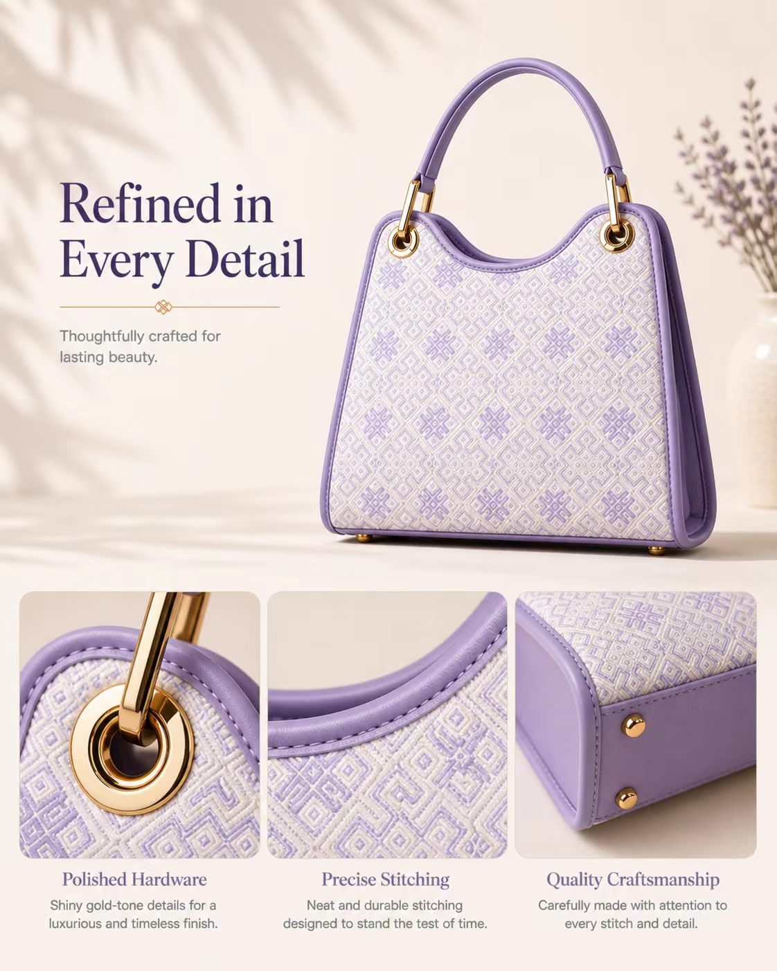 Zhuang Brocade Inspired Handbag, Purple Geometric Tote