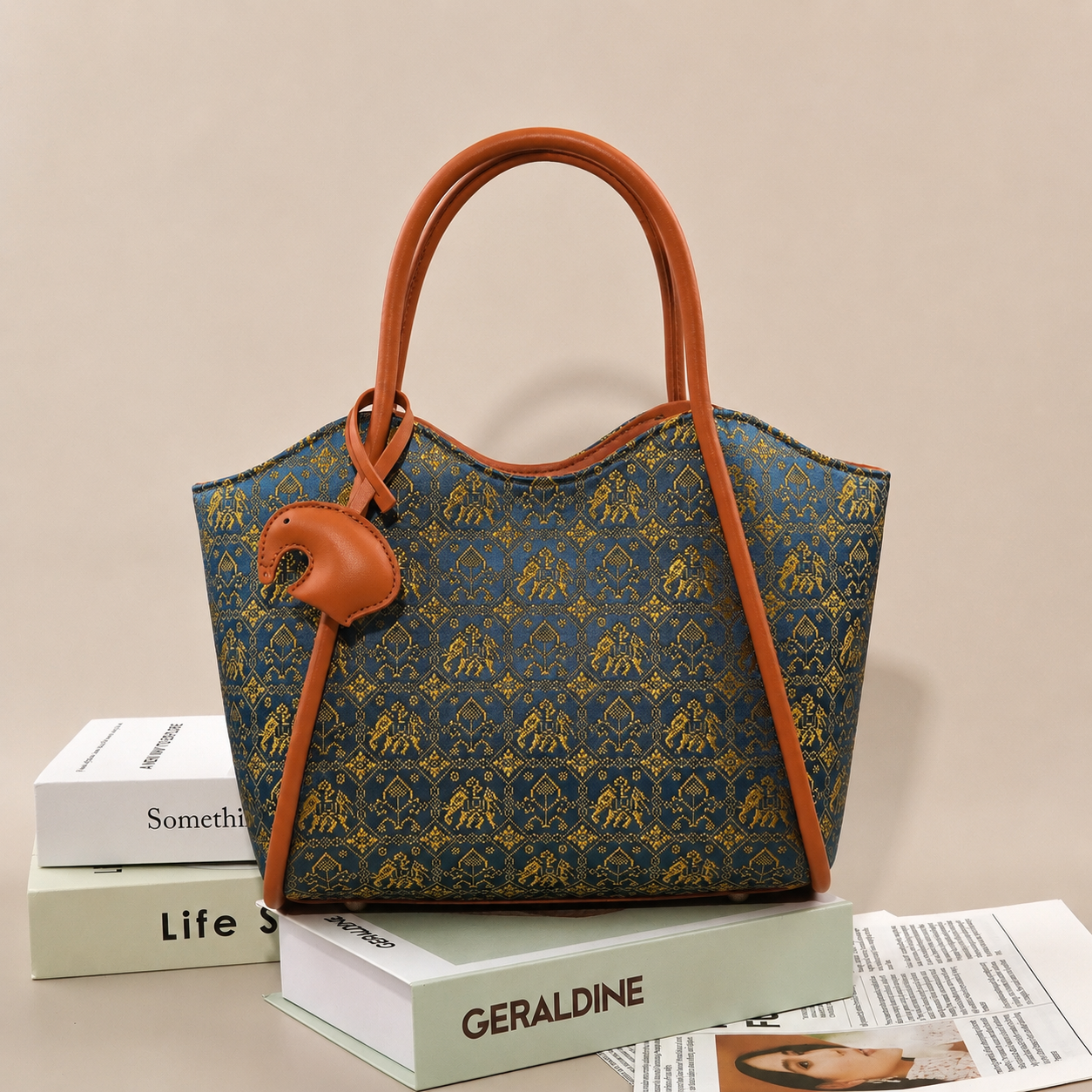 Handwoven Zhuang Brocade Tote Bag | Blue Elephant Heritage Pattern