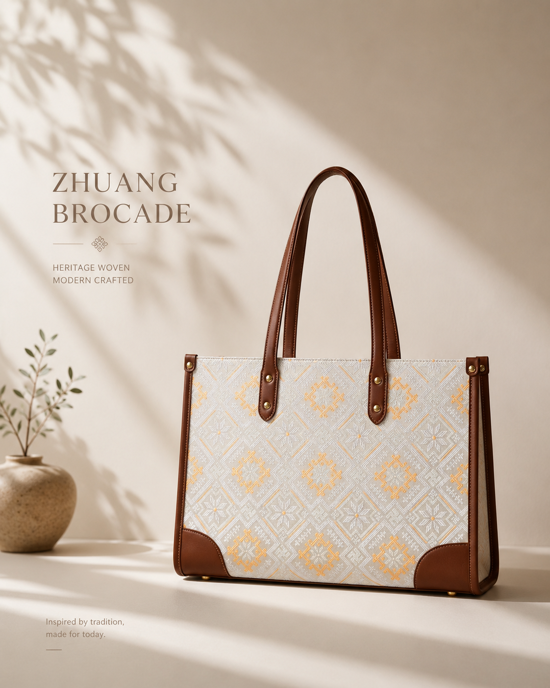 Zhuang Brocade Heritage Tote Bag | Handwoven Leather-Trimmed Bag