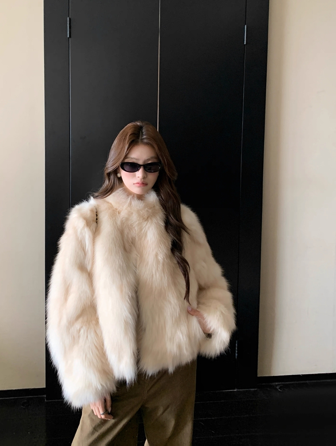 Long Plush Coat with Oversized Collar