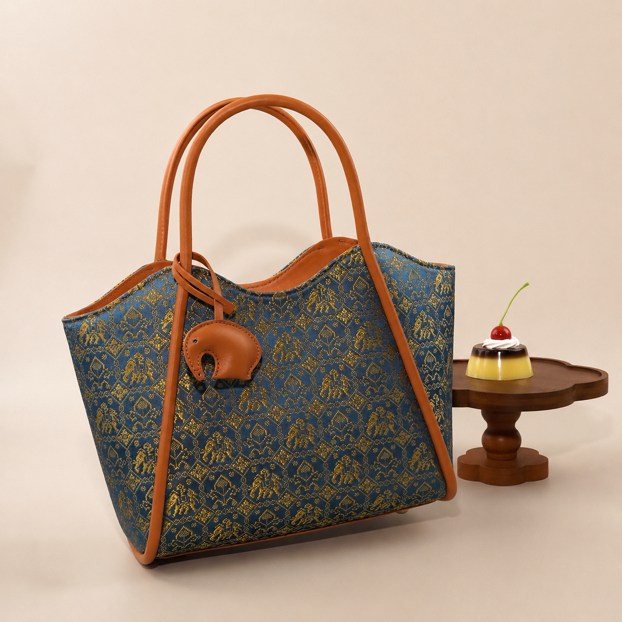 Handwoven Zhuang Brocade Tote Bag | Blue Elephant Heritage Pattern