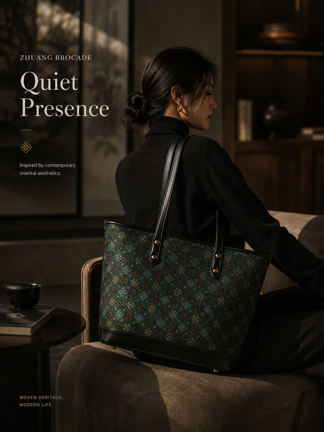 Handwoven Zhuang Brocade Flying Swallow Pattern Tote Bag, Traditional Ethnic Shoulder Handbag