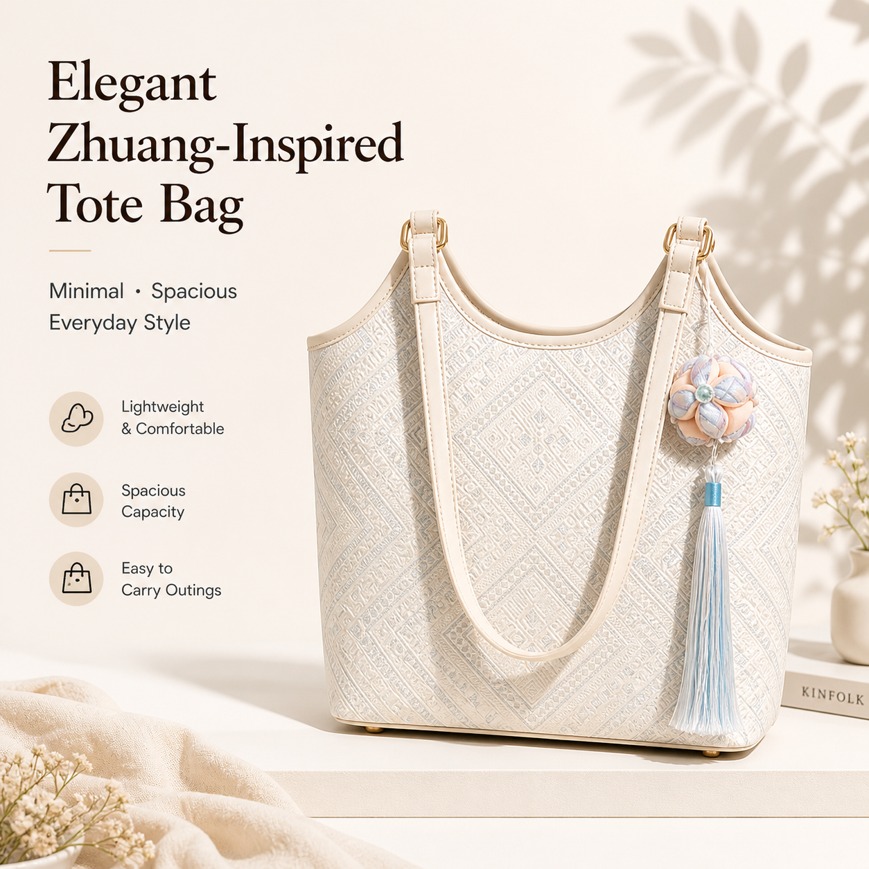 Zhuang Brocade Tote Bag | Spacious Shoulder Bag for Work & Daily