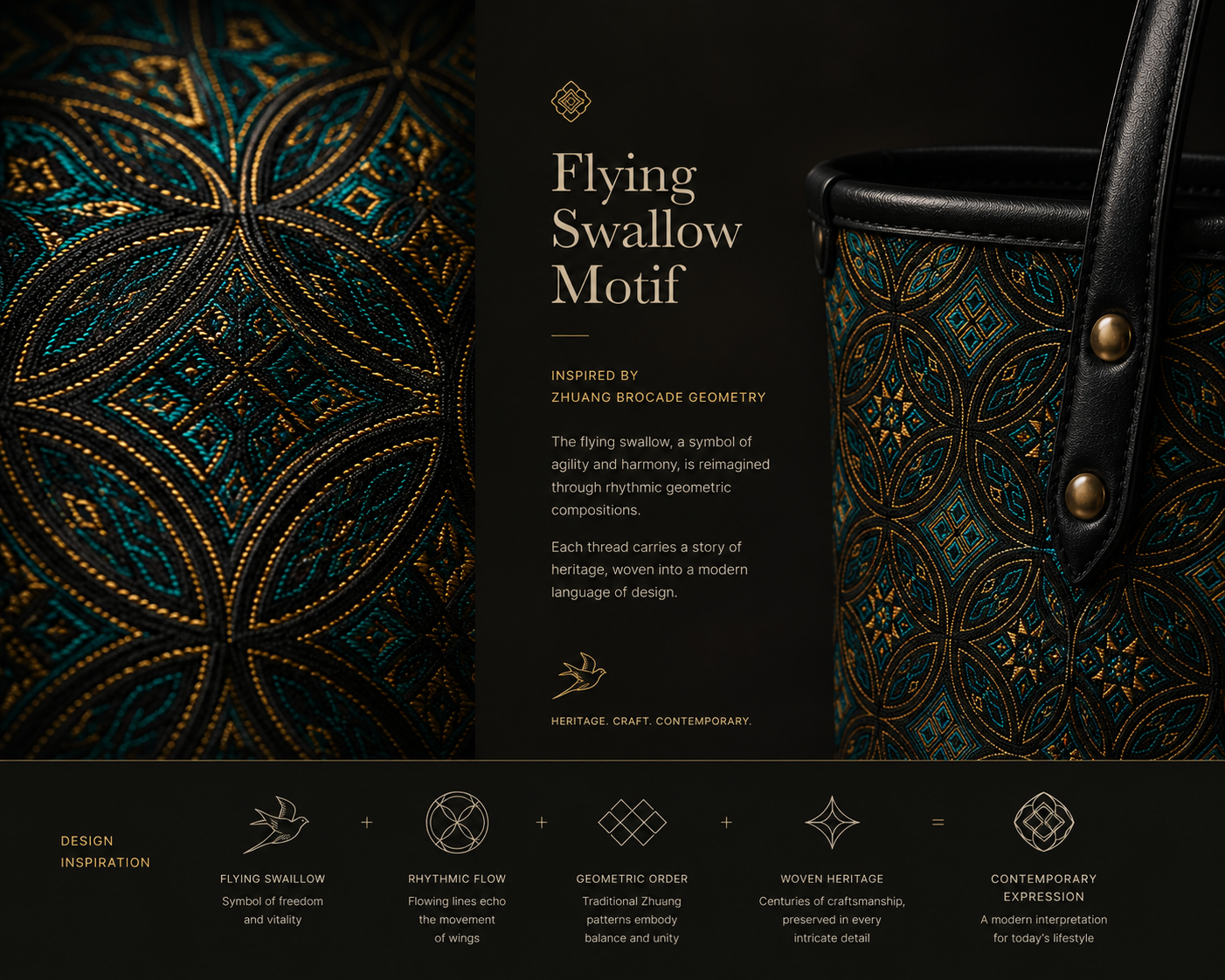Handwoven Zhuang Brocade Flying Swallow Pattern Tote Bag, Traditional Ethnic Shoulder Handbag