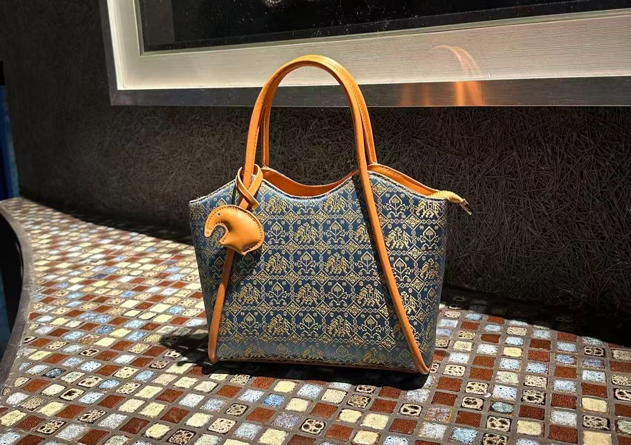 Handwoven Zhuang Brocade Tote Bag | Blue Elephant Heritage Pattern