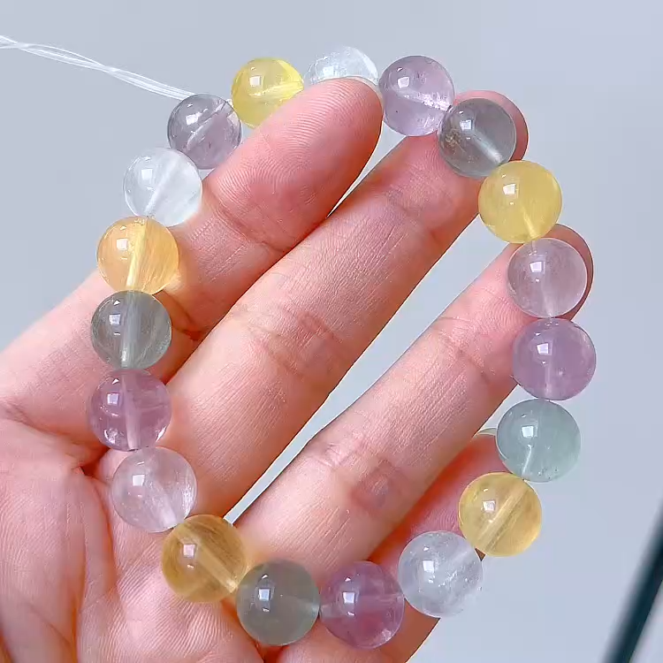 Natural Multi-color Fluorite Round Beaded Bracelet for Women, 10.5mm Healing Crystal Stretch Handmade Jewelry, Positive Energy Accessory