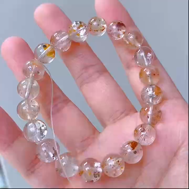 Natural Yellow Inclusion Quartz Beaded Bracelet for Women, 9.5mm Healing Crystal Stretch Handmade Jewelry, Unique Energy Accessory