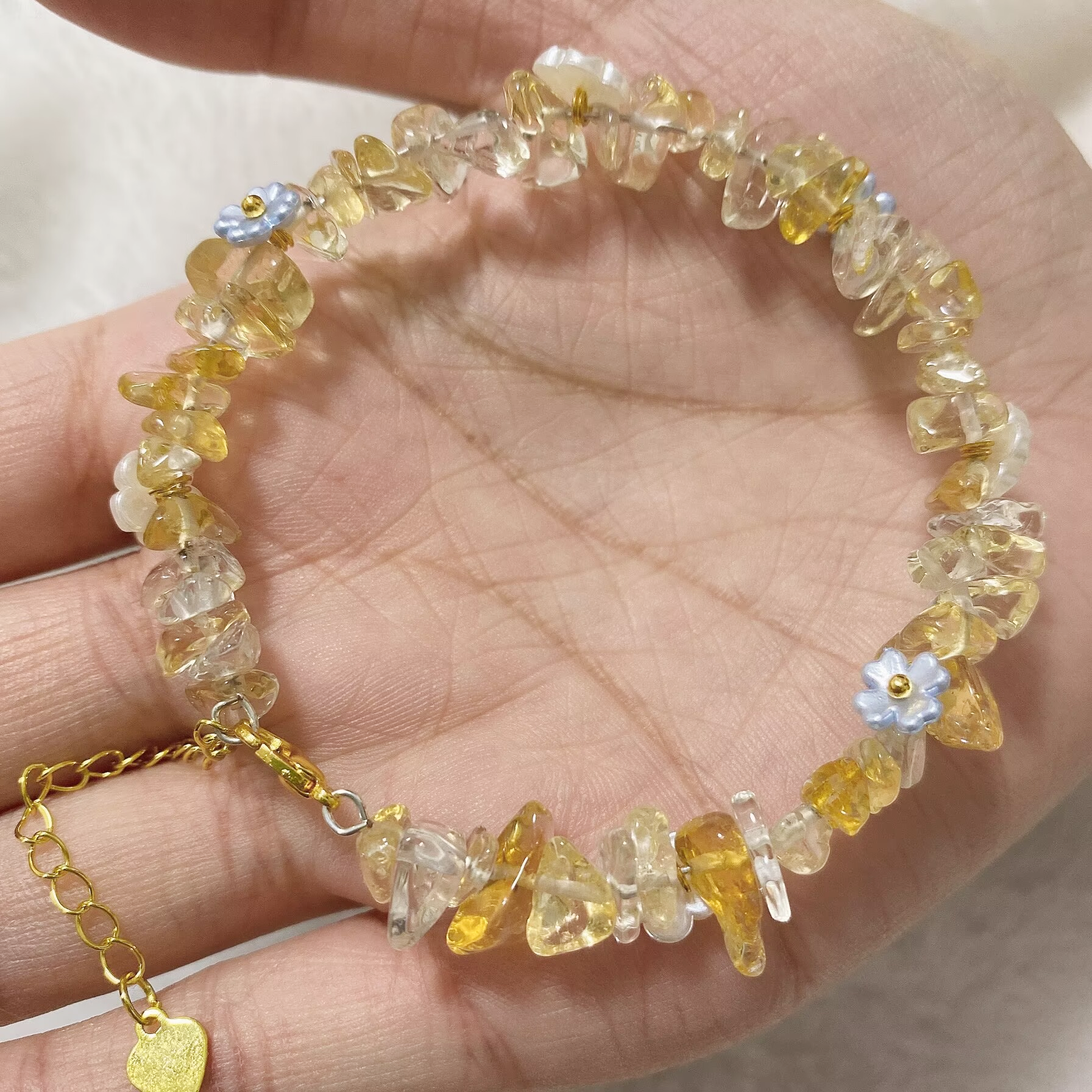 Natural Citrine Chip Bracelet with Shell Flower Beads - Cleansing Energy, Calm Mood, Healing Crystal Jewelry for Daily Wear & Gifting