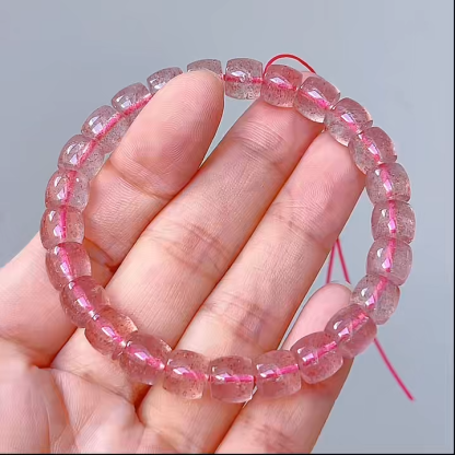 Natural Strawberry Quartz Barrel Beaded Bracelet for Women, 8mm Healing Crystal Stretch Handmade Jewelry, Love Attraction Accessory