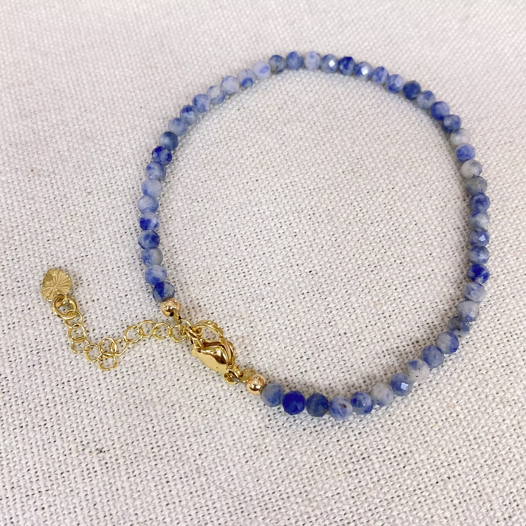 Handmade 3mm Natural Faceted Sodalite Bracelet – Calming Energy Adjustable Gold-Tone Dainty Jewelry for Women