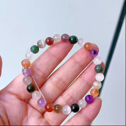 7mm Natural Mixed Crystal Beaded Bracelet for Women, Multicolor Healing Gemstone Elastic Stackable Handmade Jewelry Gift