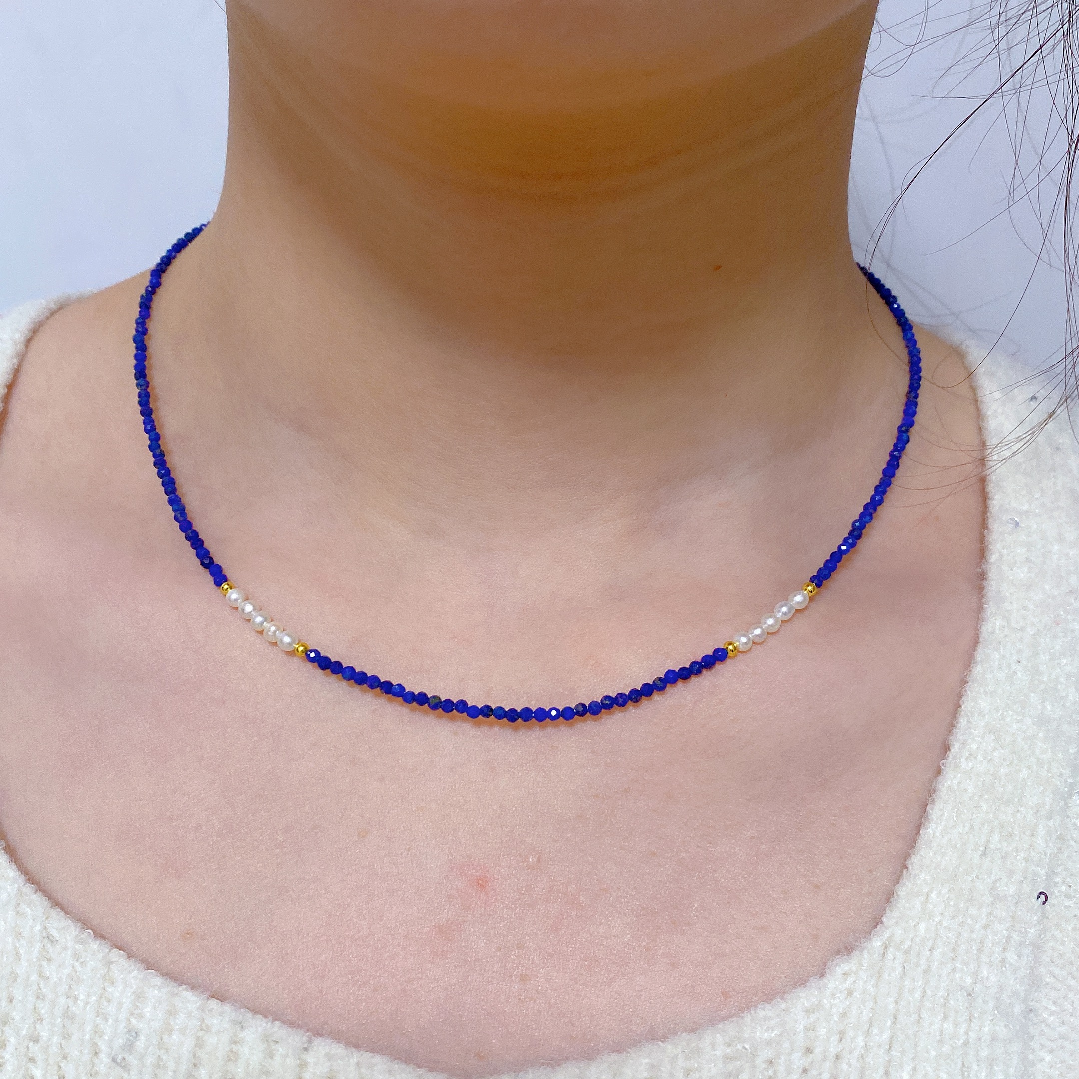 Handmade Natural Lapis Lazuli & Freshwater Pearl Necklace – Calming & Elegant Gemstone Jewelry, Delicate Beaded Choker with Gold Accents for Women, Daily Wear & Gifting