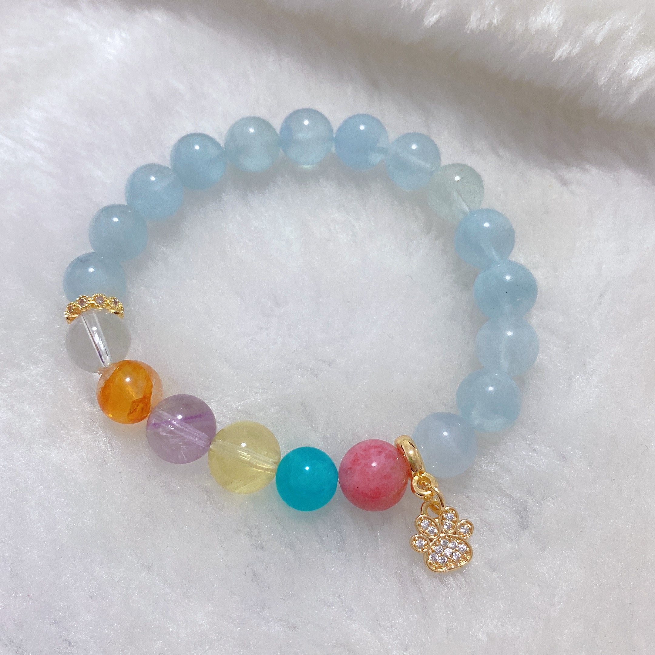 Natural Aquamarine Beaded Bracelet with Multi-Crystal Accents - Calming & Stress Relief Energy Jewelry, Healing Gemstone Bracelet with Paw Charm, Perfect for Daily Wear & Gifting for Women