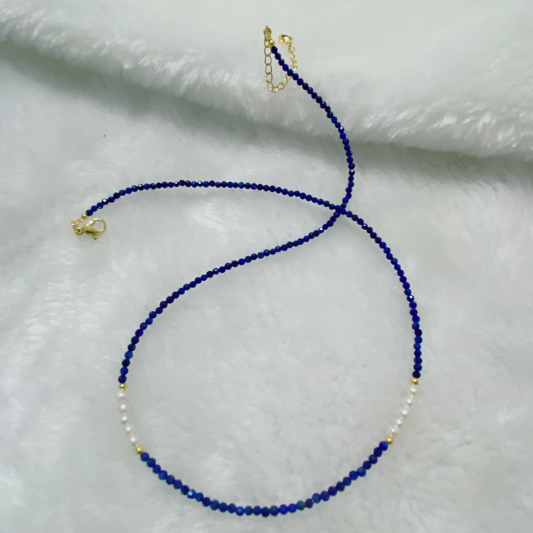 Handmade Natural Lapis Lazuli & Freshwater Pearl Necklace – Calming & Elegant Gemstone Jewelry, Delicate Beaded Choker with Gold Accents for Women, Daily Wear & Gifting