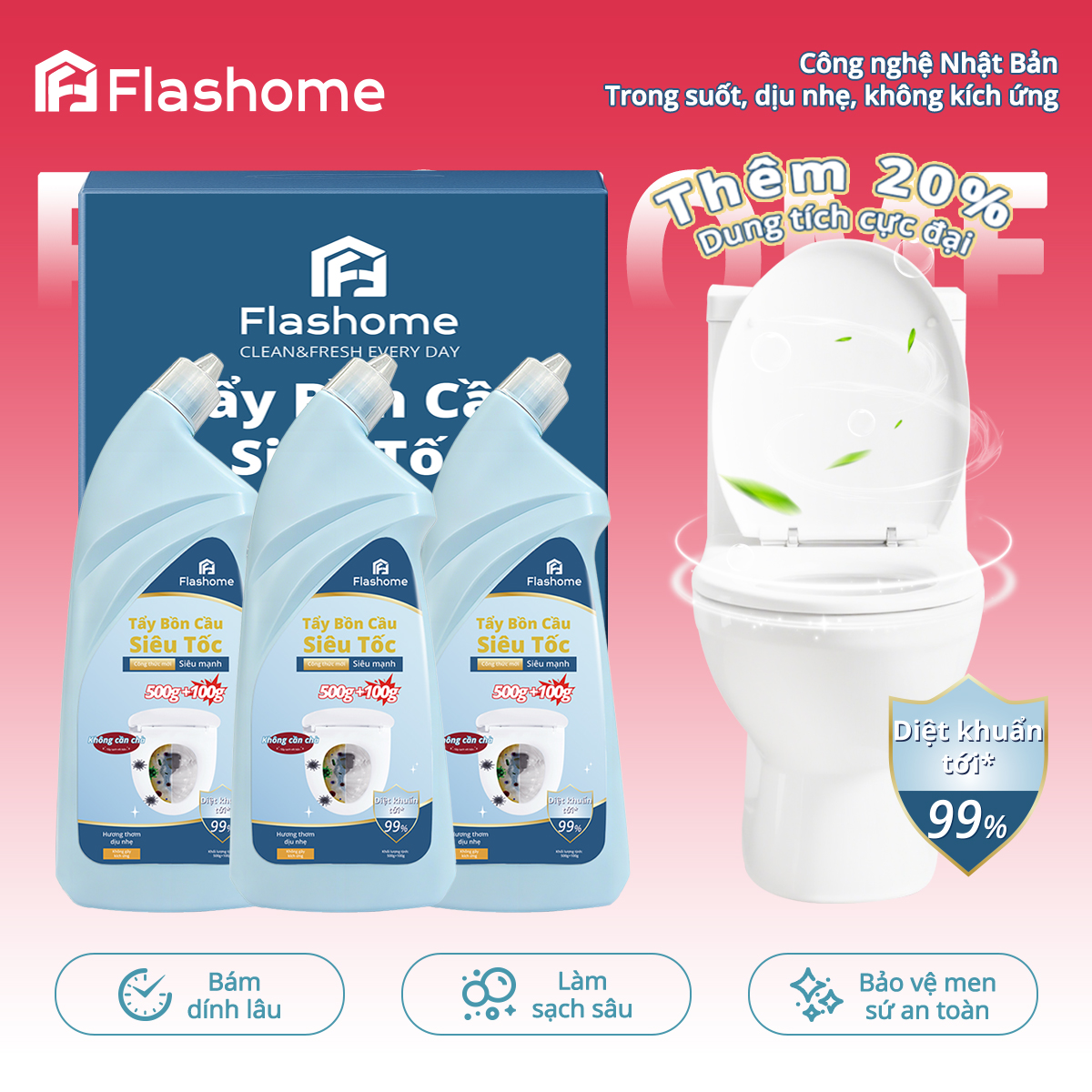 Flashhome Ultra-Fast Toilet Cleaner 600g x 3 | Japanese Tech 99.9% Antibacterial | Deep Stain Removal & Enamel Protection