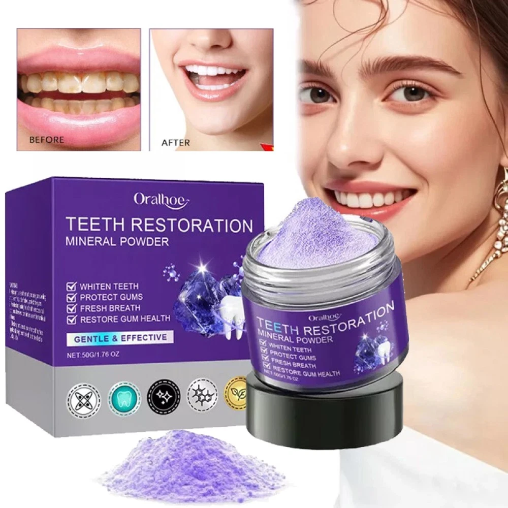 Teeth Whitening Mineral Powder – Natural Teeth Restoration, Protects Gums & Freshens Breath, Vegan, Organic Oral Care, Purple Gentle Mint, Before & After Results