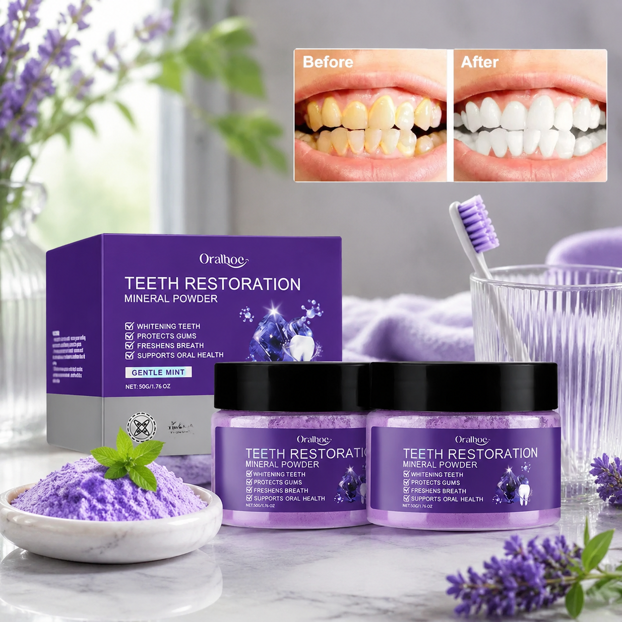 Teeth Whitening Mineral Powder – Natural Teeth Restoration, Protects Gums & Freshens Breath, Vegan, Organic Oral Care, Purple Gentle Mint, Before & After Results