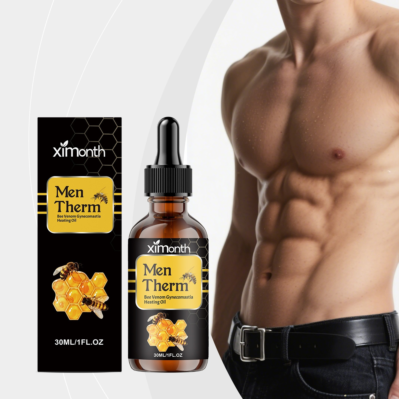 Men Therm Bee Venom Gynecomastia Heating Oil – Male Chest Firming & Contouring Solution, 15ml