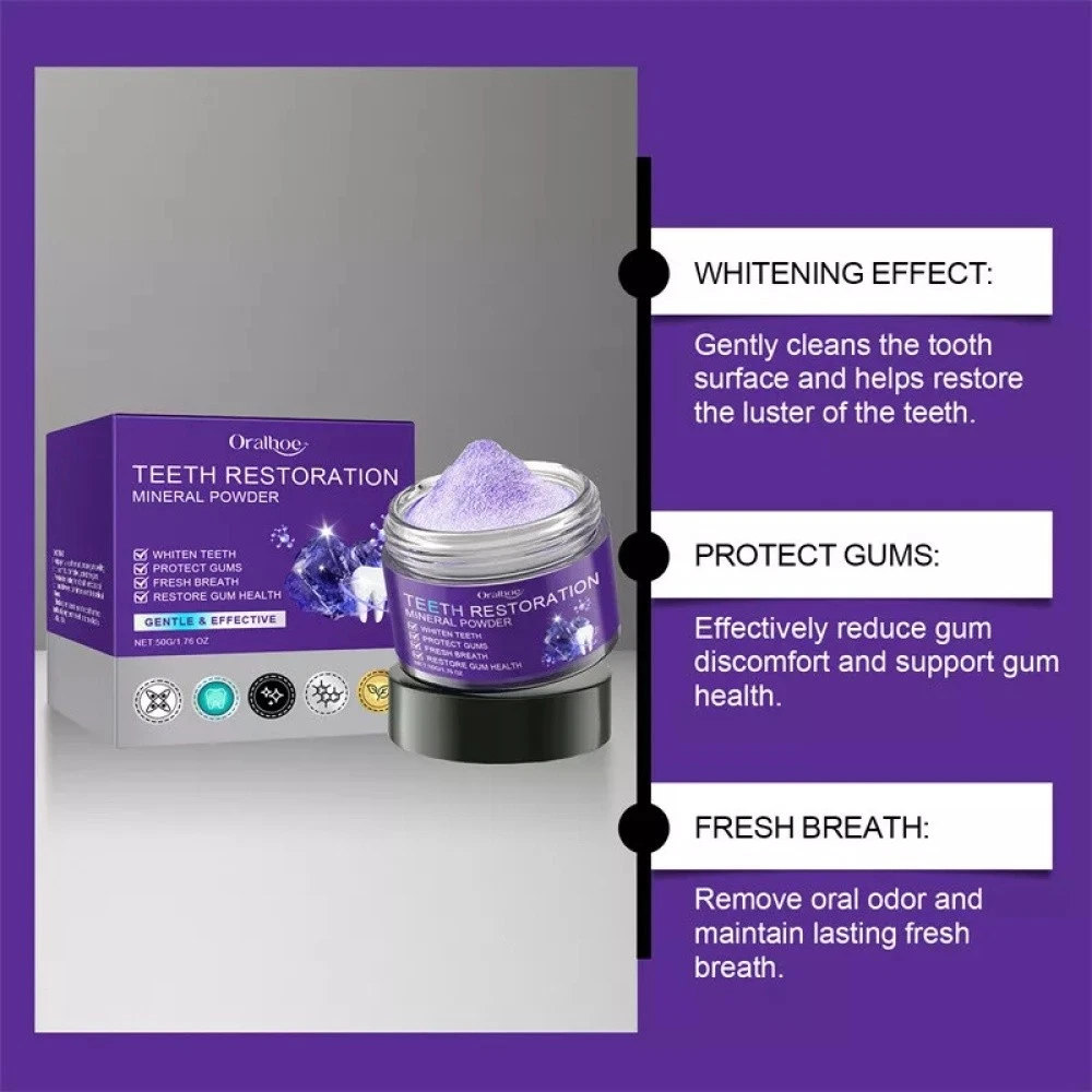 Teeth Whitening Mineral Powder – Natural Teeth Restoration, Protects Gums & Freshens Breath, Vegan, Organic Oral Care, Purple Gentle Mint, Before & After Results