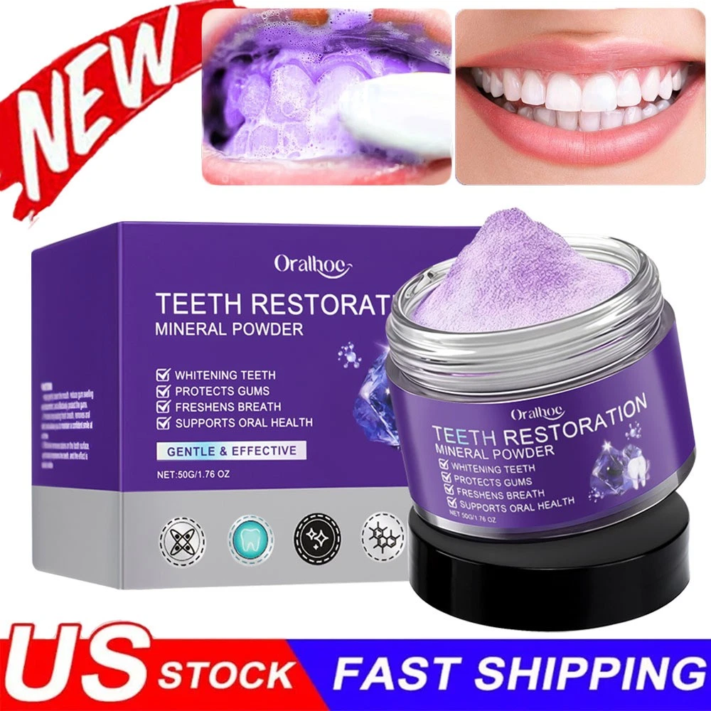Teeth Whitening Mineral Powder – Natural Teeth Restoration, Protects Gums & Freshens Breath, Vegan, Organic Oral Care, Purple Gentle Mint, Before & After Results