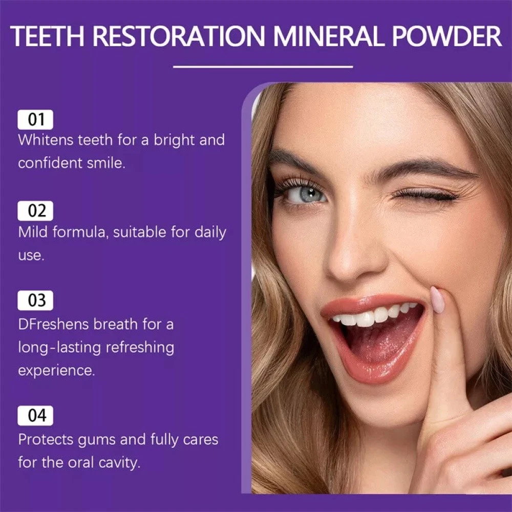 Teeth Whitening Mineral Powder – Natural Teeth Restoration, Protects Gums & Freshens Breath, Vegan, Organic Oral Care, Purple Gentle Mint, Before & After Results