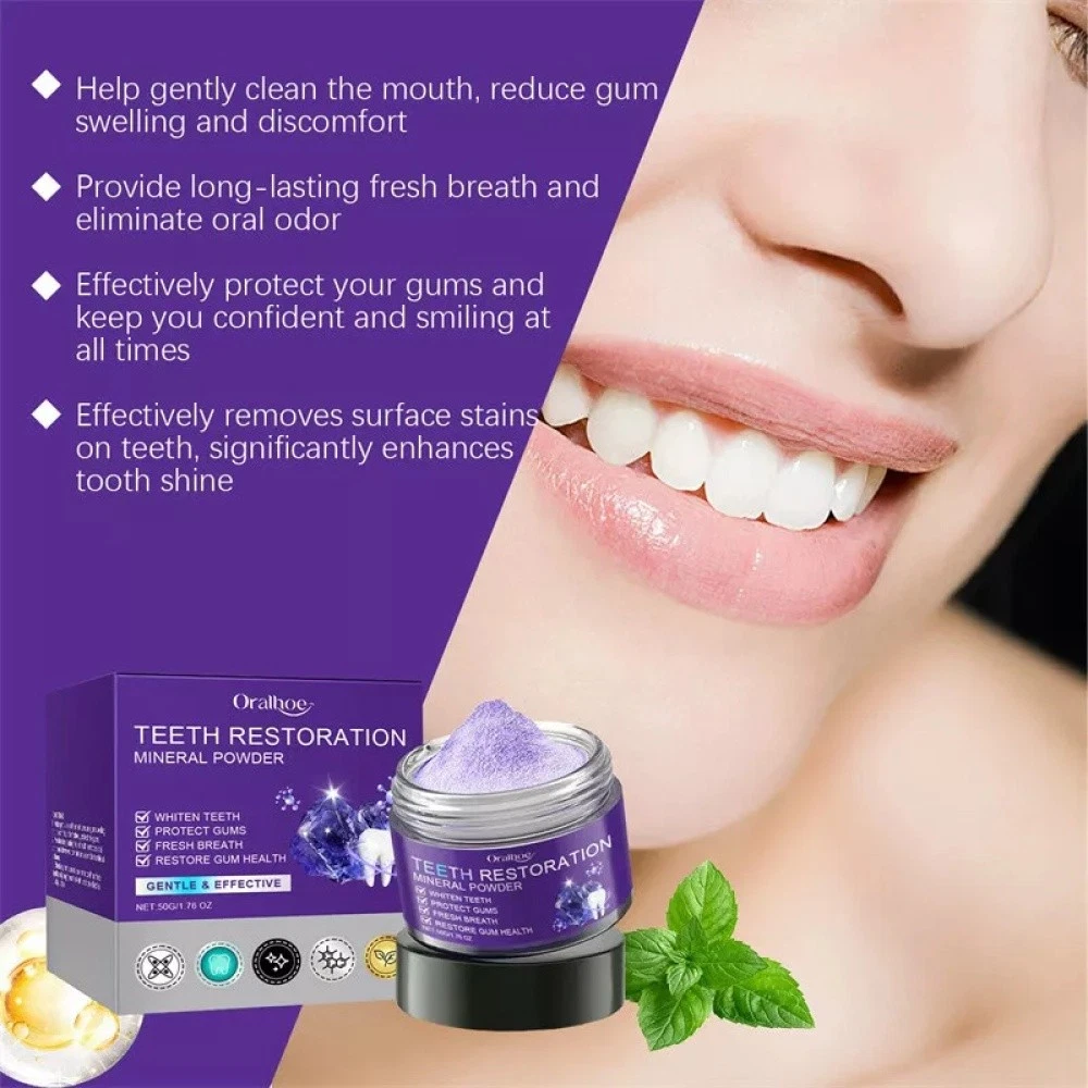 Teeth Whitening Mineral Powder – Natural Teeth Restoration, Protects Gums & Freshens Breath, Vegan, Organic Oral Care, Purple Gentle Mint, Before & After Results