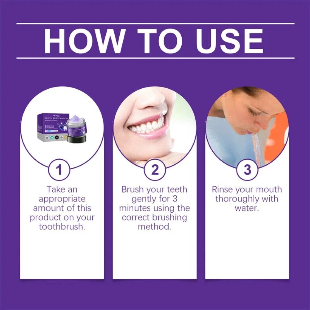 Teeth Whitening Mineral Powder – Natural Teeth Restoration, Protects Gums & Freshens Breath, Vegan, Organic Oral Care, Purple Gentle Mint, Before & After Results
