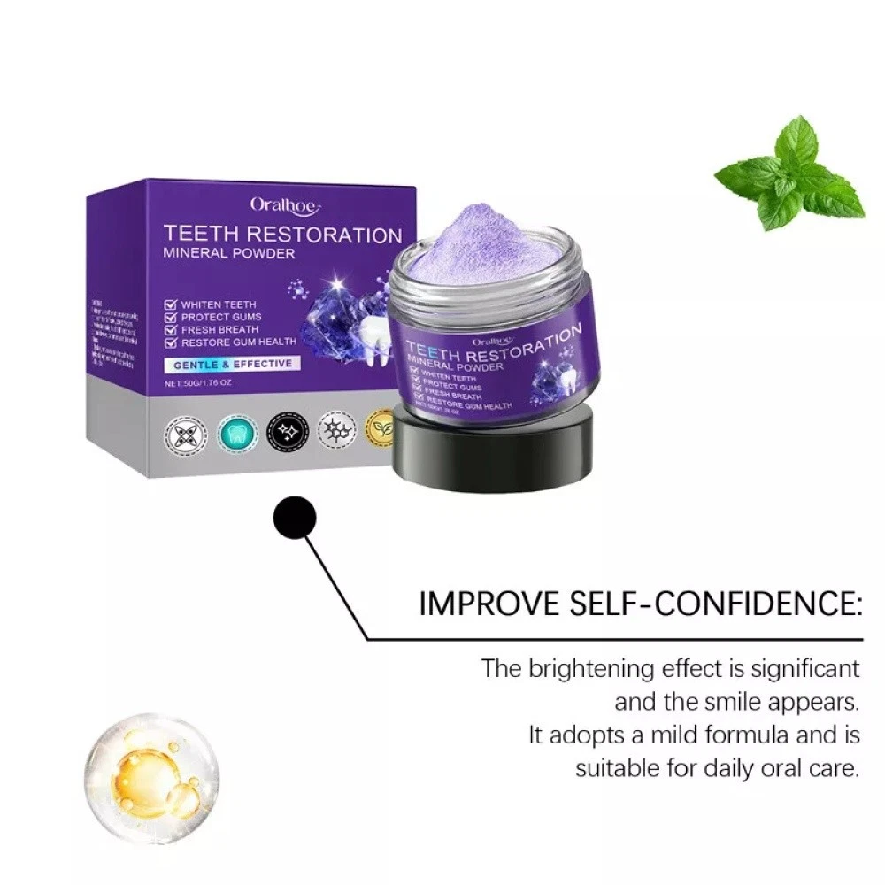 Teeth Whitening Mineral Powder – Natural Teeth Restoration, Protects Gums & Freshens Breath, Vegan, Organic Oral Care, Purple Gentle Mint, Before & After Results
