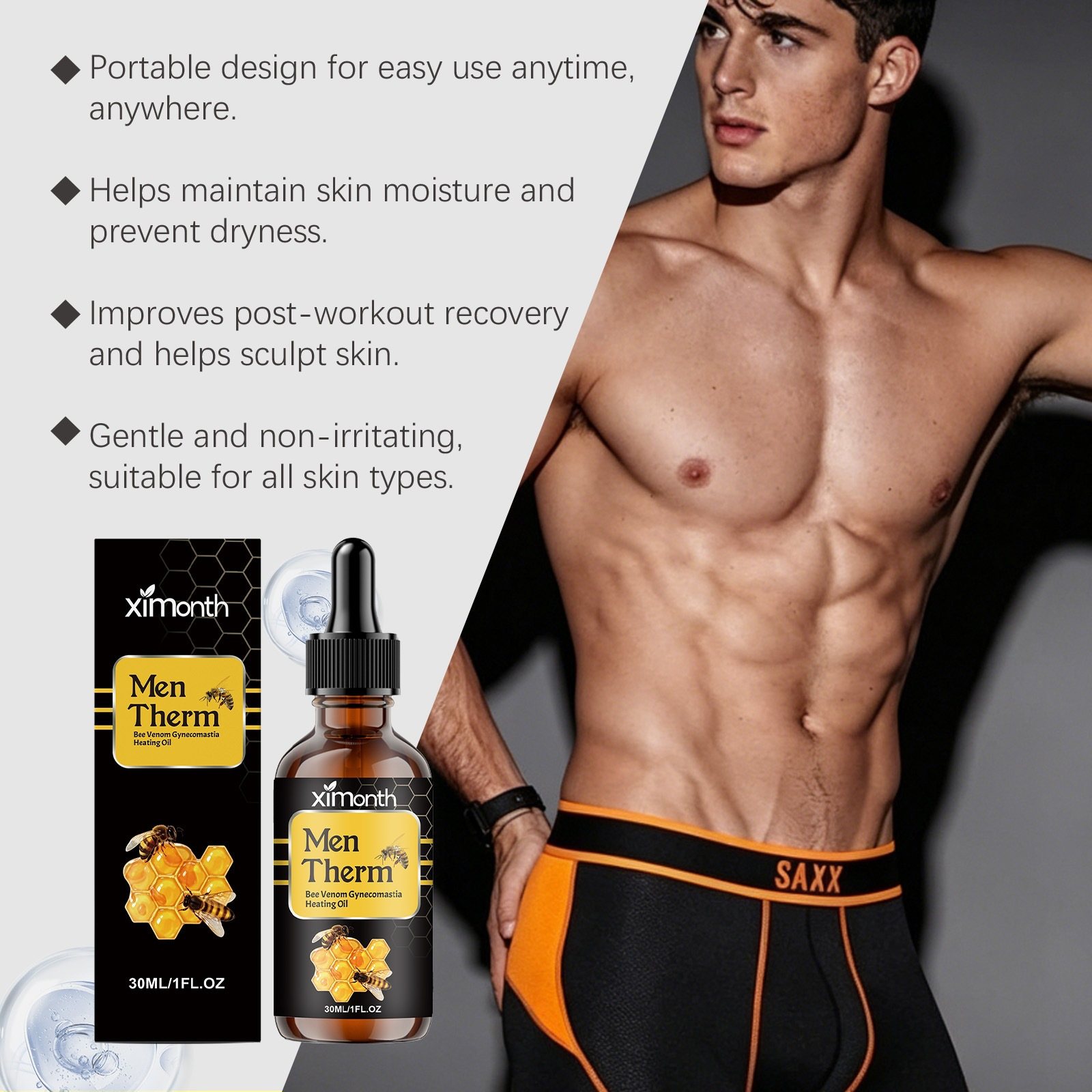 Men Therm Bee Venom Gynecomastia Heating Oil – Male Chest Firming & Contouring Solution, 15ml