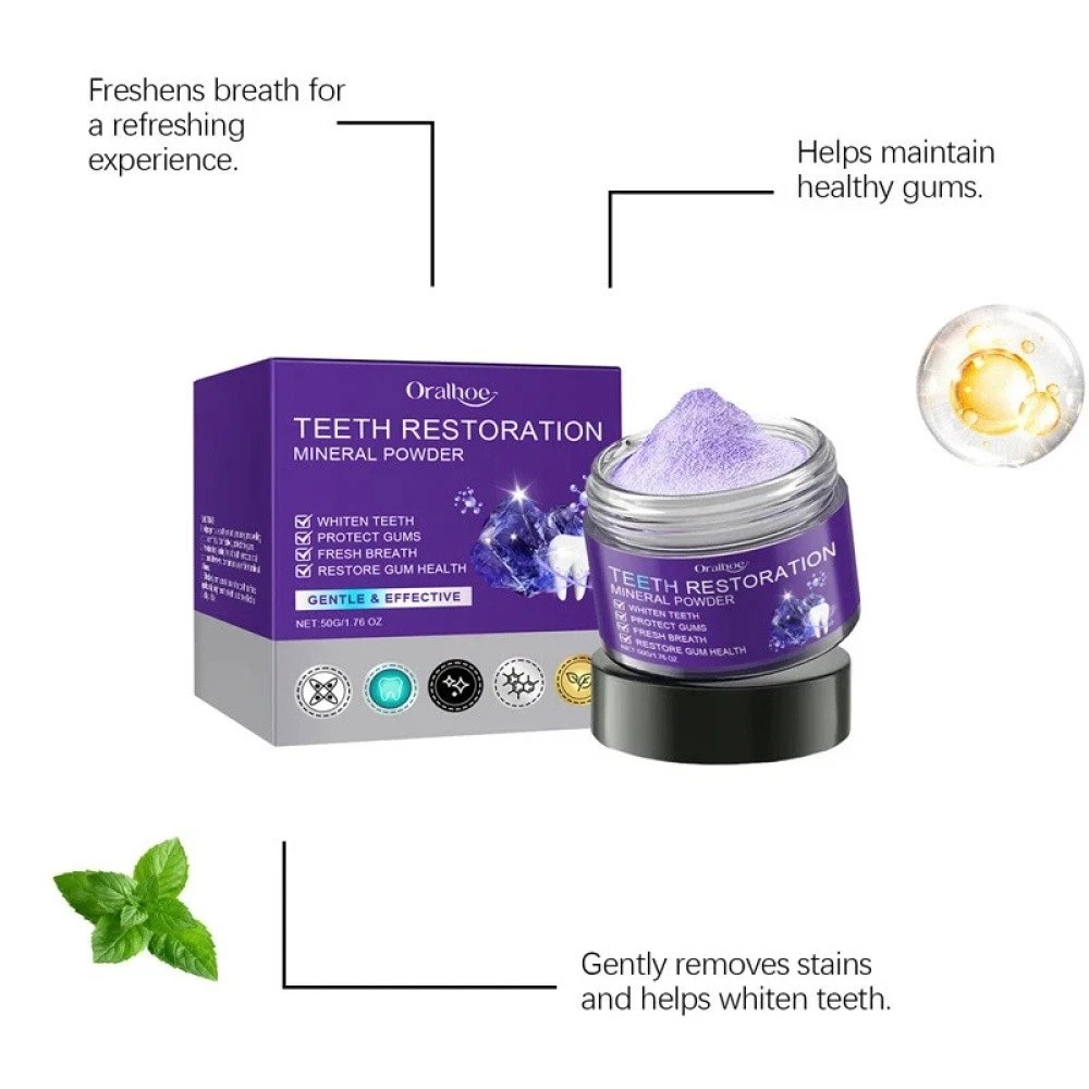 Teeth Whitening Mineral Powder – Natural Teeth Restoration, Protects Gums & Freshens Breath, Vegan, Organic Oral Care, Purple Gentle Mint, Before & After Results