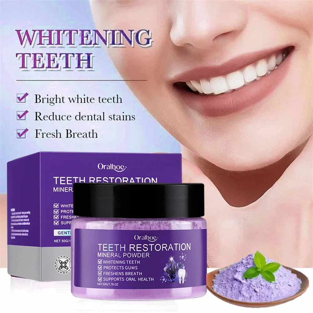 Teeth Whitening Mineral Powder – Natural Teeth Restoration, Protects Gums & Freshens Breath, Vegan, Organic Oral Care, Purple Gentle Mint, Before & After Results