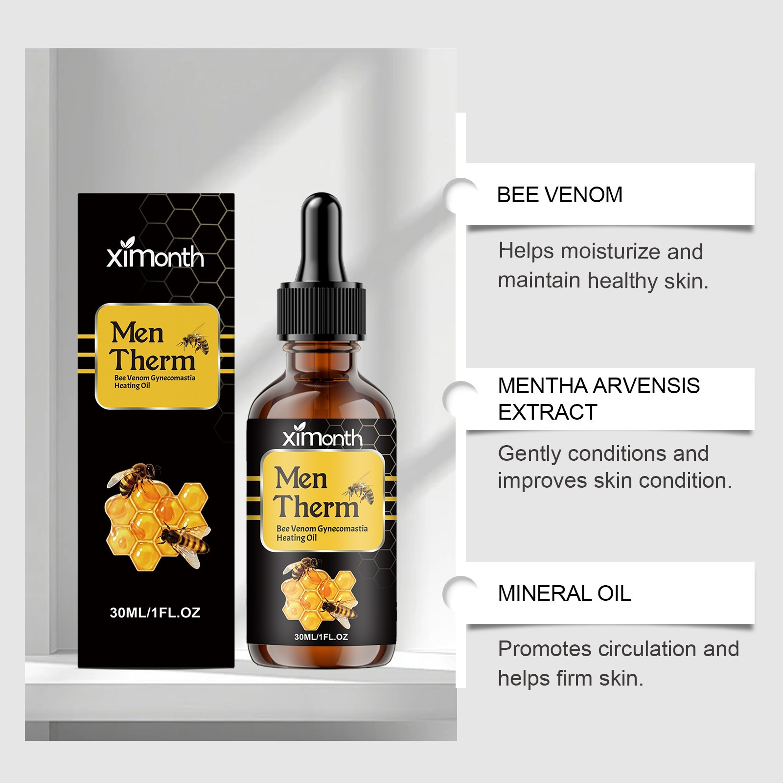 Men Therm Bee Venom Gynecomastia Heating Oil – Male Chest Firming & Contouring Solution, 15ml