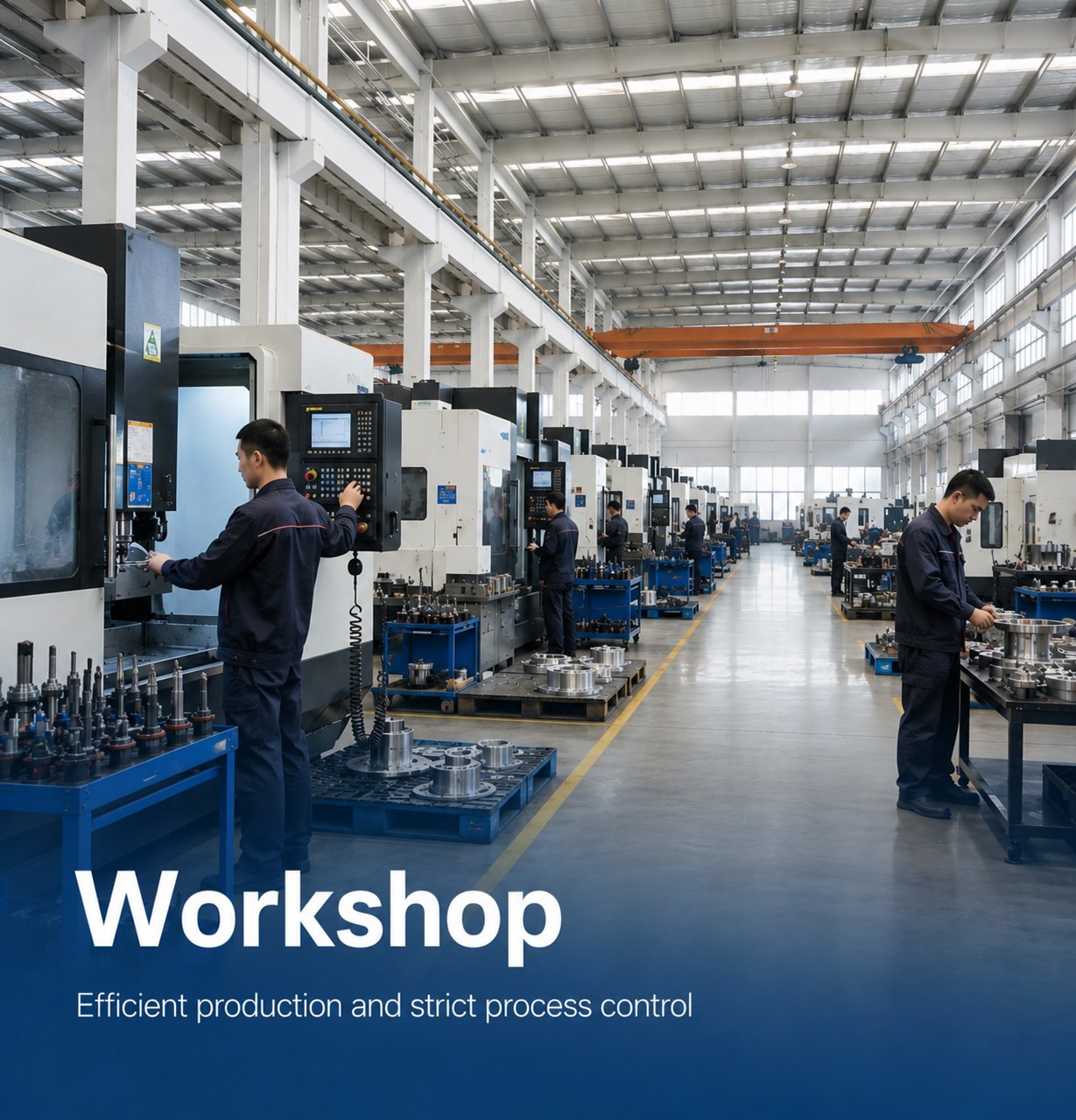 CNC machine workshop with operators and production equipment