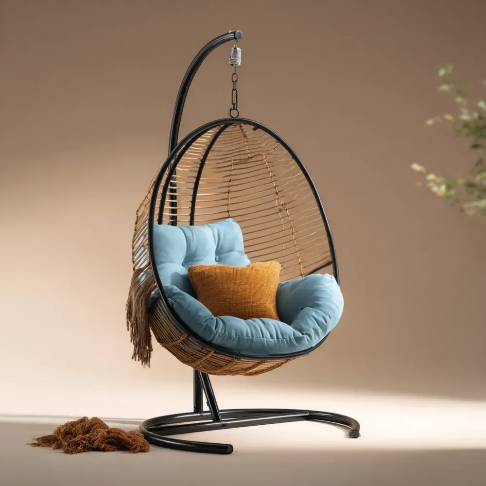 ハンギングチェア 100x70x200 cm スチールスタンド付き – ブルー/ブラウン – モダンデザイン-Zenlofta