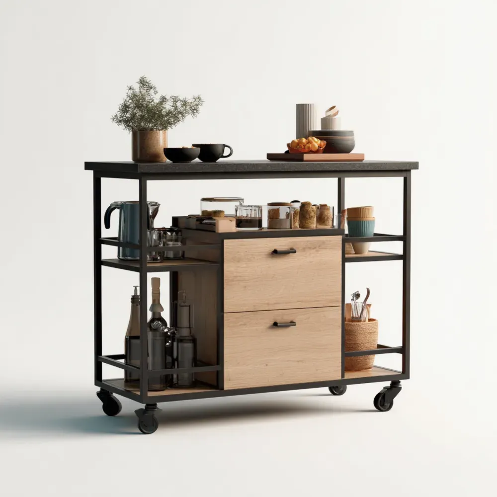 キッチンワゴン 木製スチール 80x40x90 cm – ブラック/ナチュラルウッド – モダンデザイン-Zenlofta