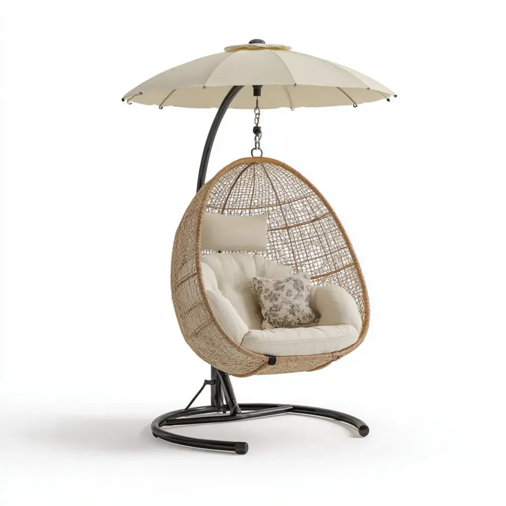 ハンギングチェア 合成ラタン 100x130x210 cm - ベージュ - 日除け付き-Zenlofta